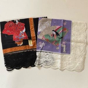 NWT Lot of 2 Japanese Print Handkerchief with Lace Border Made in Japan